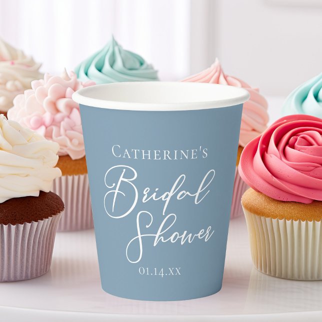 Dusty Blue Bridal Shower Personalized White Script Paper Cups (Creator Uploaded)
