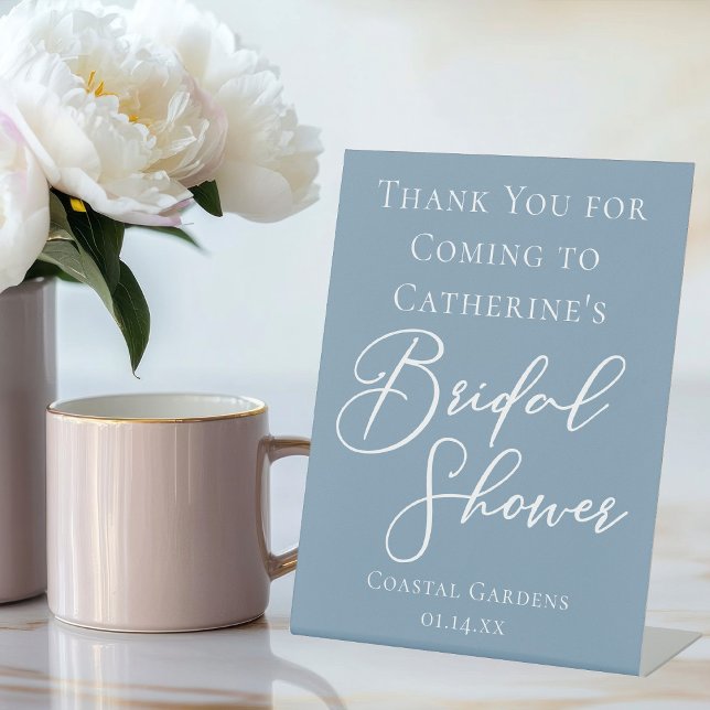 Dusty Blue Bridal Shower Personalized White Script Pedestal Sign (Creator Uploaded)