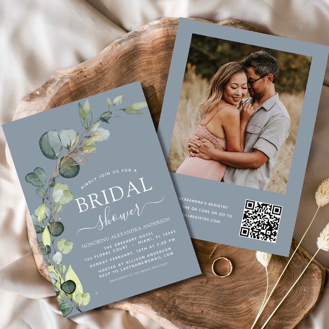 Dusty Blue Bridal Shower QR Code Photo Eucalyptus Invitation (Creator Uploaded)
