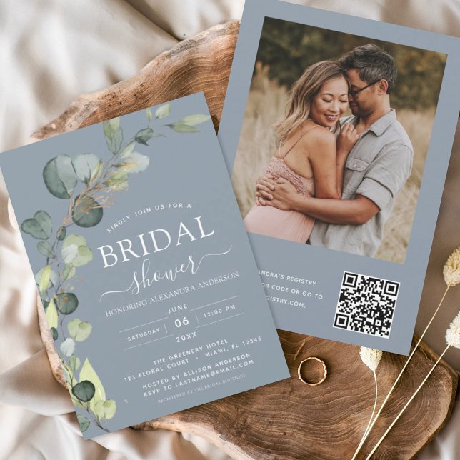 Dusty Blue Bridal Shower QR Code Photo Eucalyptus  Invitation (Creator Uploaded)