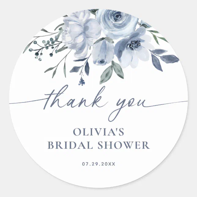Dusty Blue Bridal Shower Thank You Classic Round Sticker | Zazzle