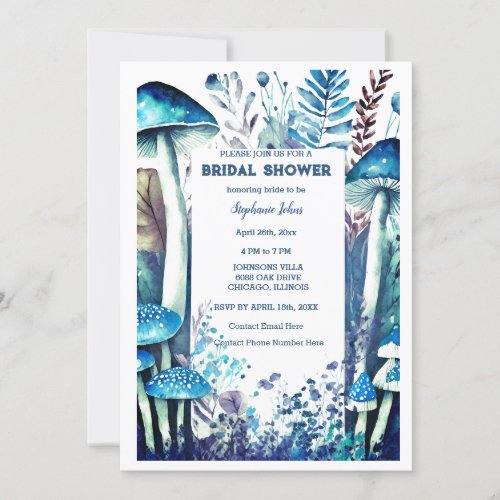 Dusty Blue Bridal Shower Wedding Mushroom Woodland Invitation