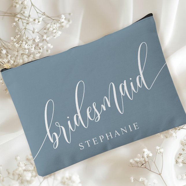 Dusty Blue Bridesmaid Modern Calligraphy Accessory Pouch (Creator Uploaded)