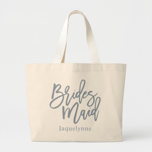 Dusty Blue Bridesmaid Script Large Tote Bag (Front)