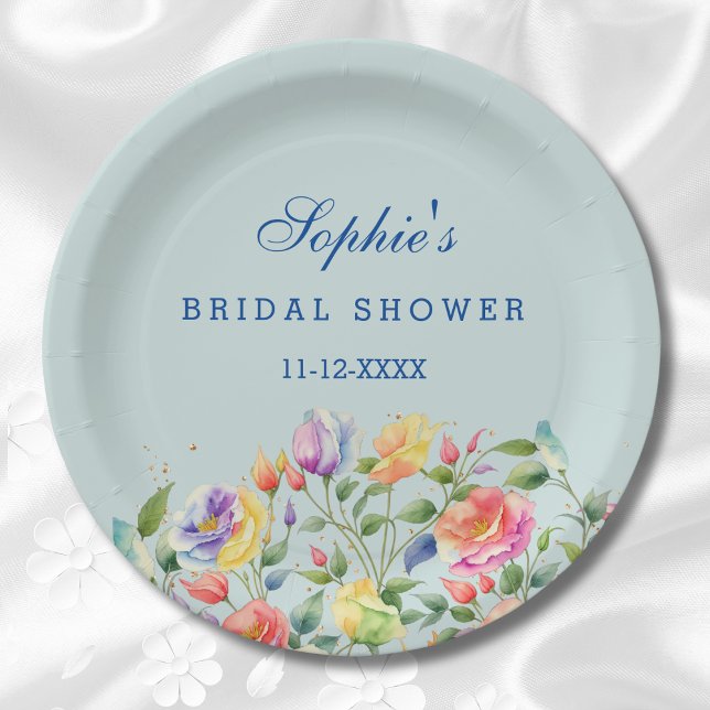 Dusty Blue Bright Floral Pink Roses Bridal Shower  Paper Plates (Creator Uploaded)