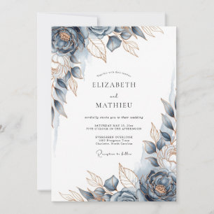 Dusty Blue Bronze Regal Floral Wedding Invitation