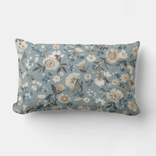 Dusty Blue Brown Cream Cottage Floral Lumbar Pillow