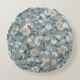 Dusty Blue Brown Cream Cottage Floral Round Pillow
