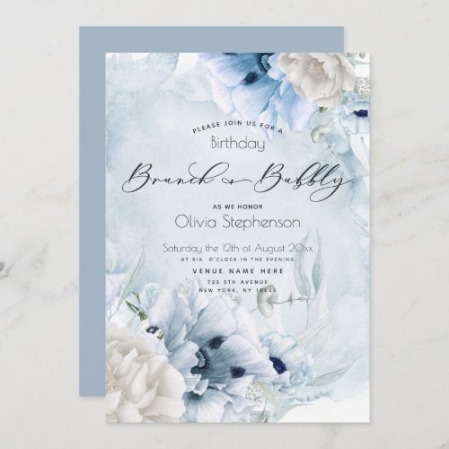 Dusty Blue Brunch Bubbly Birthday  Invitation