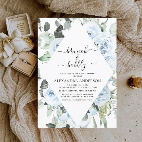 Dusty Blue Brunch  Bubbly Bridal Shower Invitation