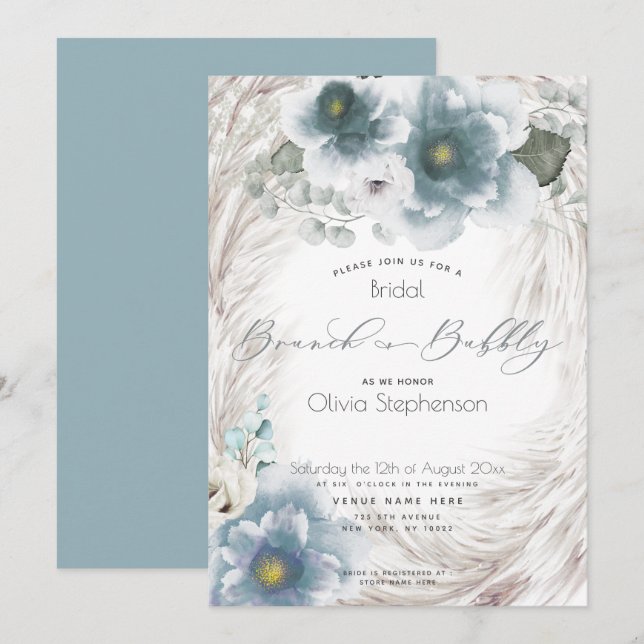 Dusty Blue Brunch Bubbly Bridal Shower  Invitation (Front/Back)
