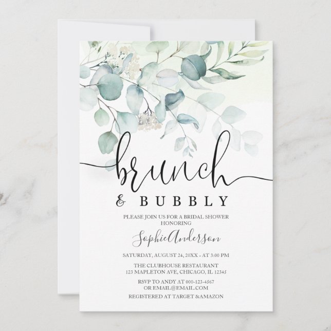 Dusty Blue Brunch & Bubbly Greenery Bridal Shower Invitation (Front)