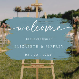 Dusty Blue Brush Strokes Wedding Welcome Acrylic Sign