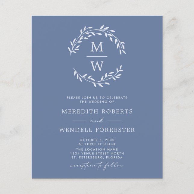 Dusty Blue Budget QR Code Monogram Wedding Invite (Front)