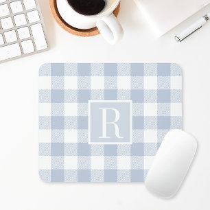 Dusty Blue Buffalo Check Monogram Initial Mouse Pad