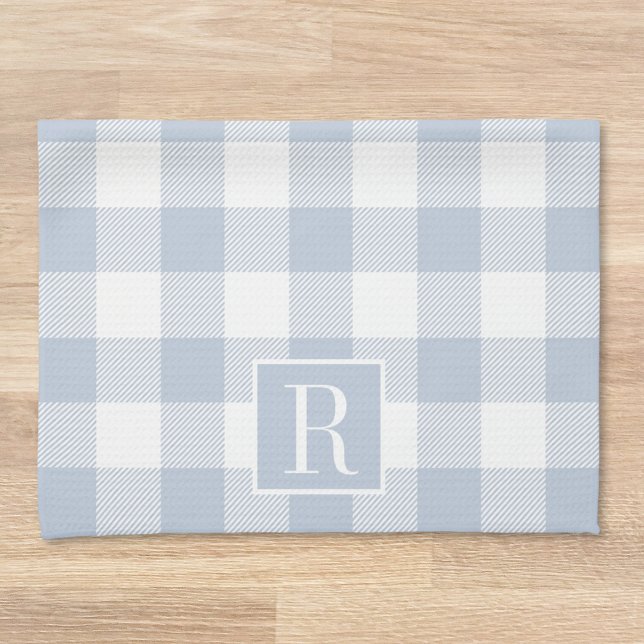 Dusty Blue Buffalo Check Monogram Kitchen Towel (Creator Uploaded)
