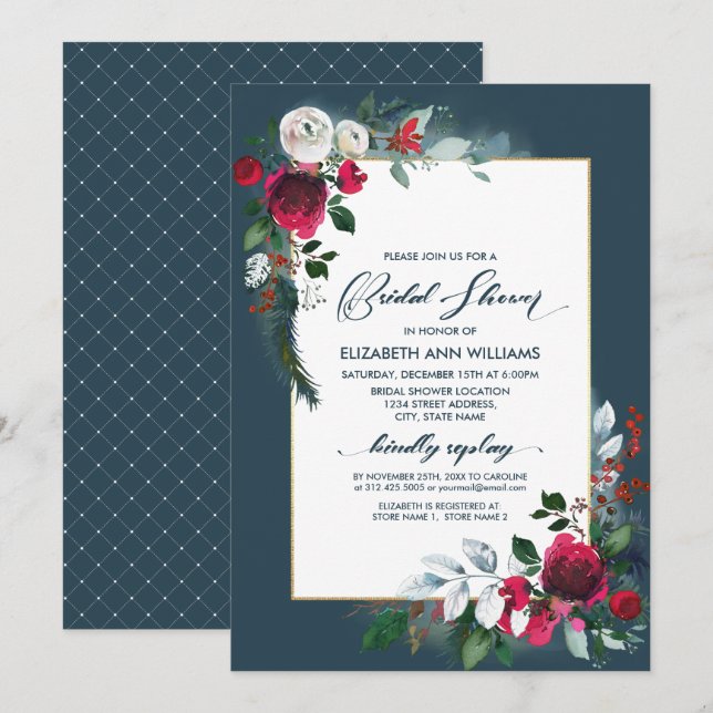 Dusty Blue Burgundy Bloom Geometric Bridal Shower Invitation (Front/Back)