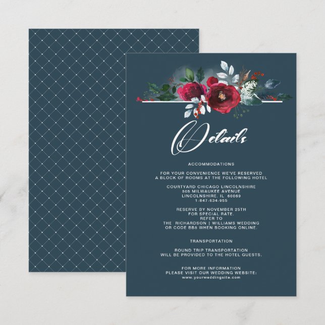 Dusty Blue | Burgundy Bloom Wedding Details Cards (Front/Back)