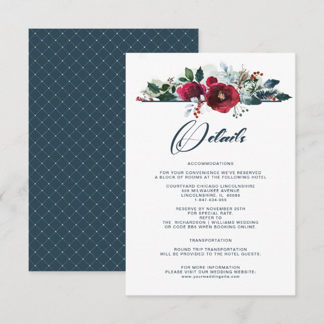 Dusty Blue | Burgundy Bloom Wedding Details Cards (Front/Back)