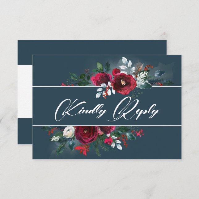 Dusty Blue | Burgundy Bloom Wedding RSVP Card (Front/Back)