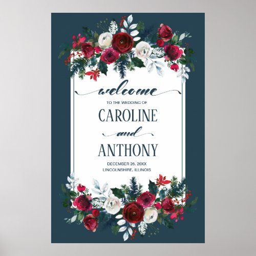 Dusty Blue Burgundy Bloom Wedding Welcome Sign