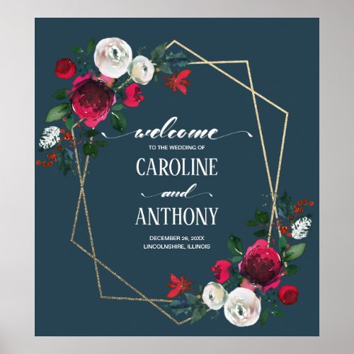 Dusty Blue  Burgundy Bloom Wedding Welcome Sign