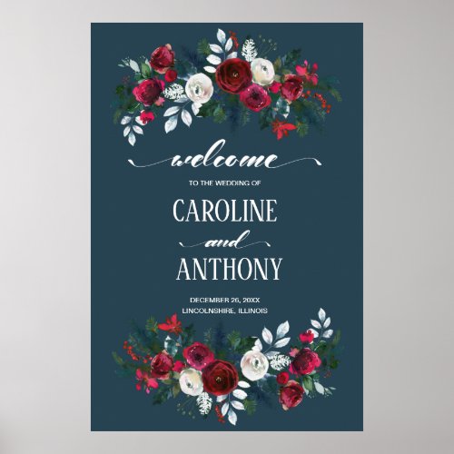 Dusty Blue  Burgundy Bloom Wedding Welcome Sign