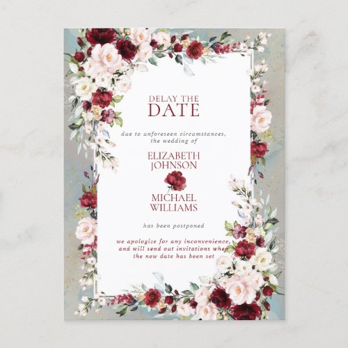 Dusty Blue Burgundy Blush Floral Delay The Date Postcard