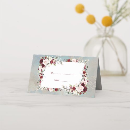 Dusty Blue Burgundy Blush Floral Elegant Wedding Place Card