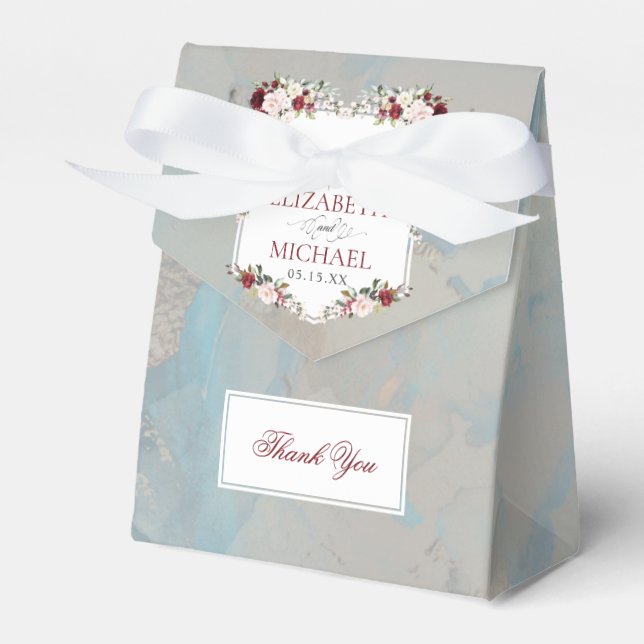 Dusty Blue Burgundy Blush Floral Favor Boxes (Front Side)