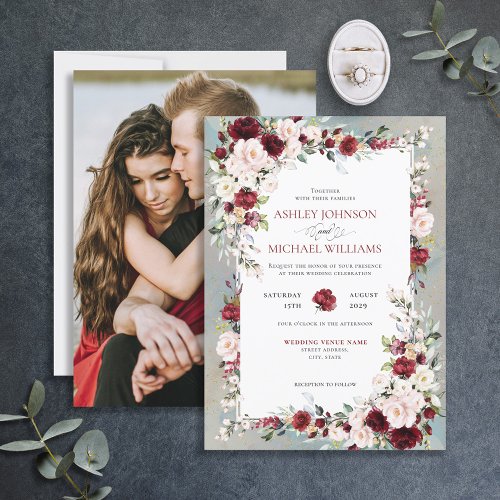 Dusty Blue Burgundy Blush Floral Invitation