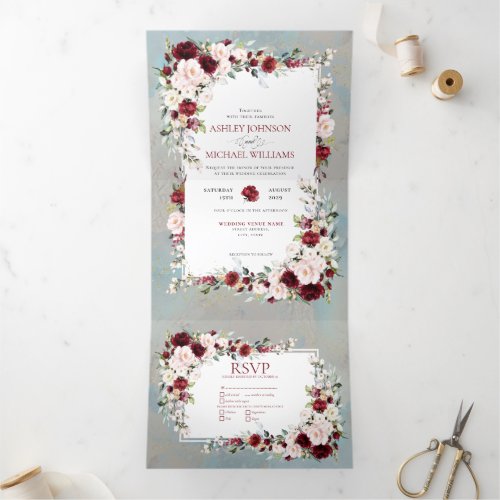 Dusty Blue Burgundy Blush Floral Photo Tri_Fold Invitation