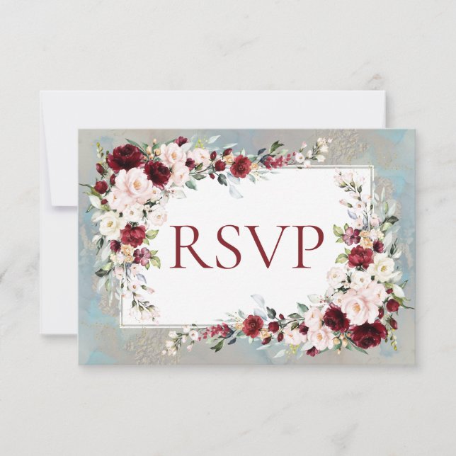 Dusty Blue Burgundy Blush Floral RSVP (Front)