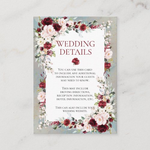 Dusty Blue Burgundy Blush Floral Wedding Details Enclosure Card