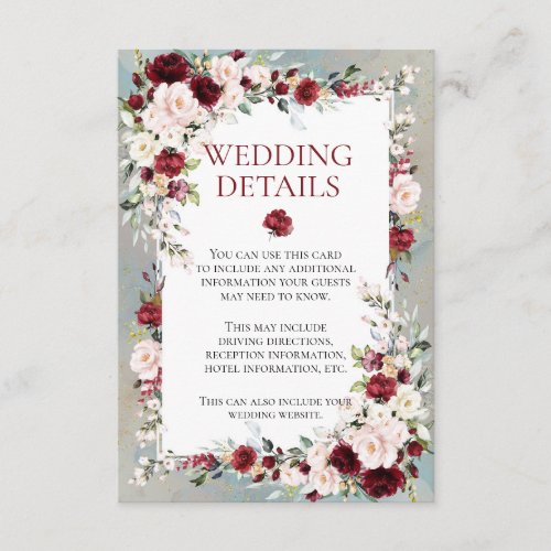 Dusty Blue Burgundy Blush Floral Wedding Details Enclosure Card