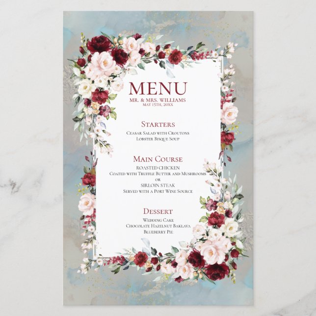 Dusty Blue Burgundy Blush Floral Wedding Menu (Front)