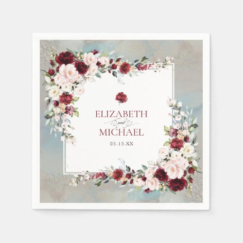 Dusty Blue Burgundy Blush Floral Wedding Napkin