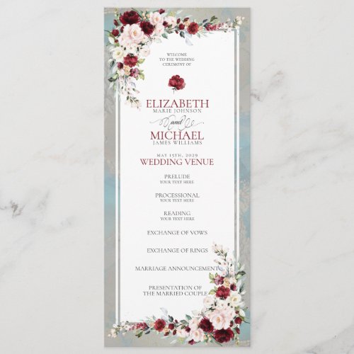 Dusty Blue Burgundy Blush Floral Wedding Program