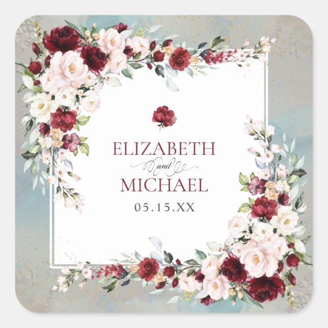 Dusty Blue Burgundy Blush Floral Wedding Sticker (Front)