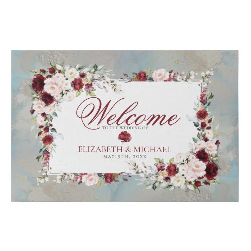 Dusty Blue Burgundy Blush Floral Wedding Welcome Faux Canvas Print