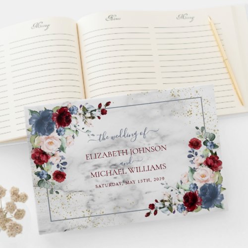 Dusty Blue Burgundy Blush Gold Floral Wedding Guest Book