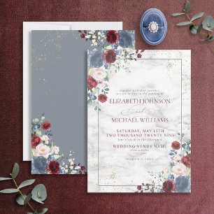 Dusty Blue Burgundy Blush Gold Floral Wedding Invitation