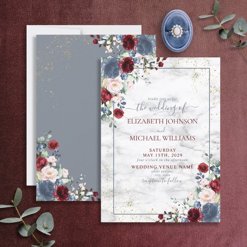 Dusty Blue Burgundy Blush Gold Floral Wedding Invitation