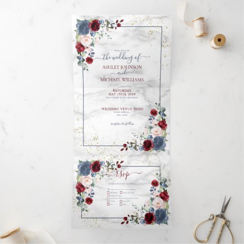 Dusty Blue Burgundy Blush Gold Floral Wedding Tri_Fold Invitation