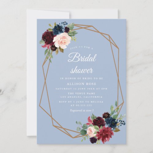 dusty blue burgundy bridal shower invitation