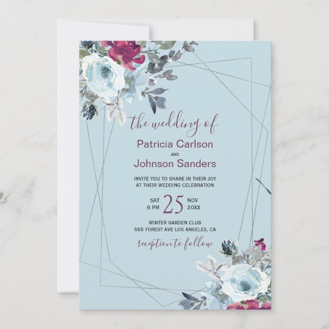 Dusty blue burgundy chic winter floral wedding invitation (Front)