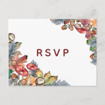 Dusty Blue Burgundy Fall Mushroom Wedding RSVP Invitation Postcard