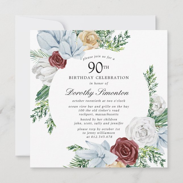Dusty Blue Burgundy Floral 90th Birthday Party Invitation (Front)
