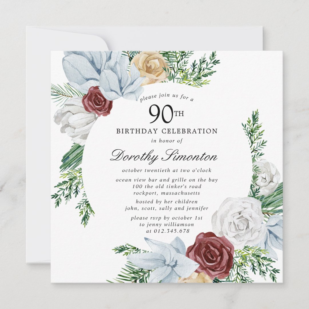 Dusty Blue Burgundy Floral 90th Birthday Party Invitation | Zazzle