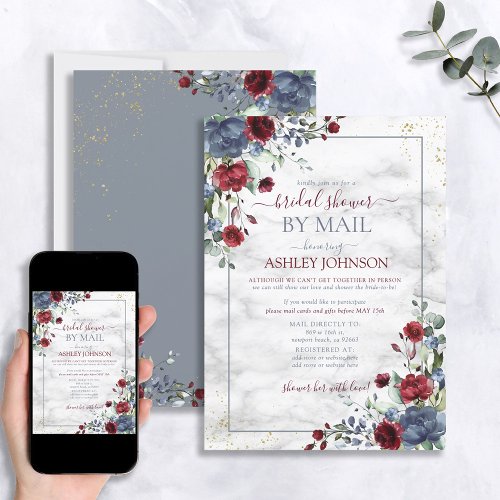 Dusty Blue Burgundy Floral Bridal Shower by Mail Invitation